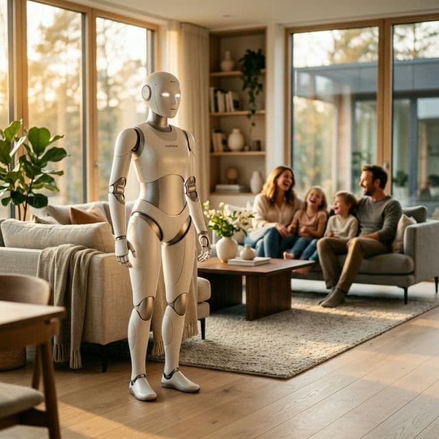 Humanoid robot står i ett ljust hem