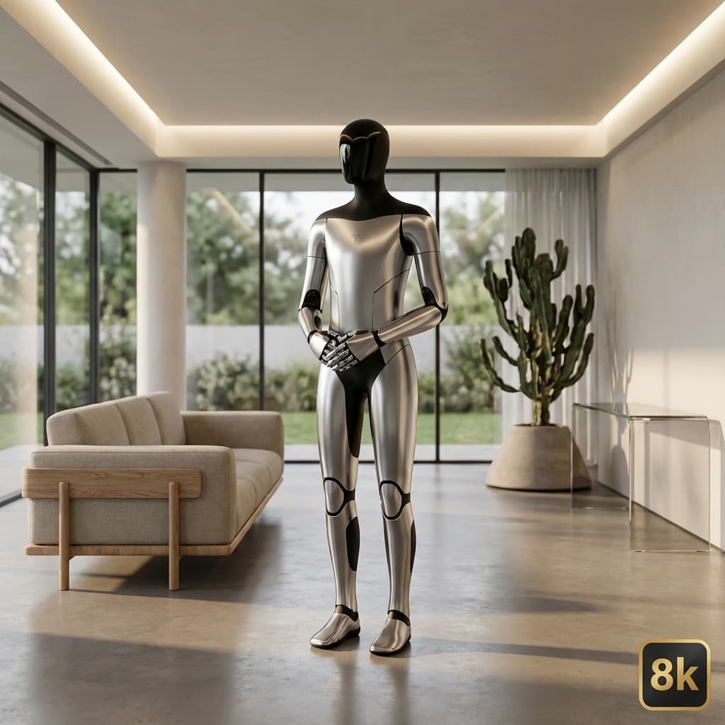 Tesla Optimus Gen 3 humanoid robot står upprätt i ett ljust, modernt rum
